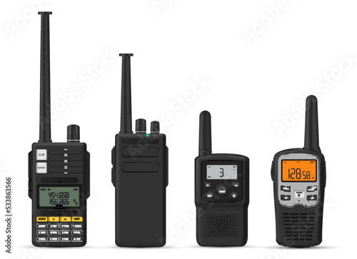 Walkie talkie portable radio digital waves receiver with antenna and buttons set realistic vector