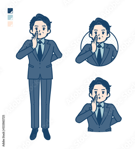 スーツのミドル男性が小声でささやいているイラスト