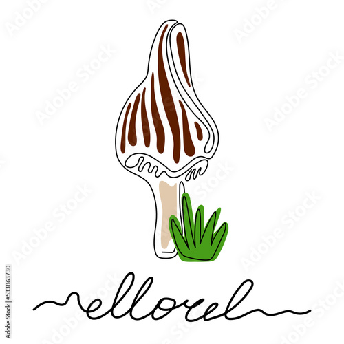 Mushroom morel drawn in one continuous line, bush of grass and hand lettering