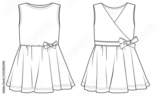 toddler girls sleeveless dress with bow waist baby girls party frock flat sketch vector illustration