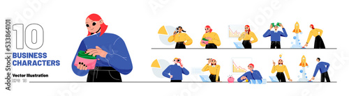 Set of business characters. Men and women count money, startup launch, push start button and rocket fly up. Manager analysing company statistics, idea light bulb, Line art flat vector illustration