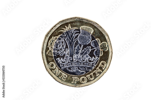 New one pound British coin of England UK introduced in 2017 which show emblems of each of the nations, png stock photo file cut out and isolated on a transparent background photo