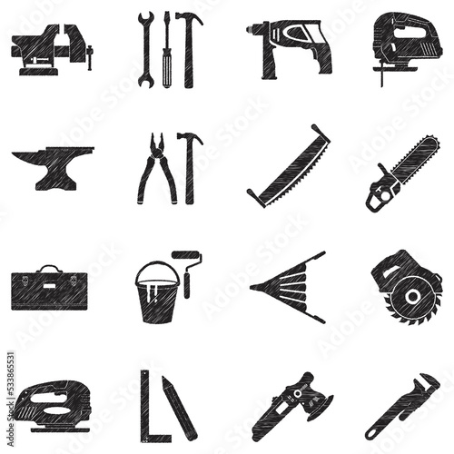 Crafting Tools Icons. Black Scribble Design. Vector Illustration.