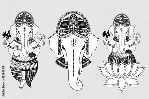 Set of images of Ganesha, or Ganapati, Indian deity in the Hindu, in lotus, head and in full growth, vector illustration in black and white with black outline