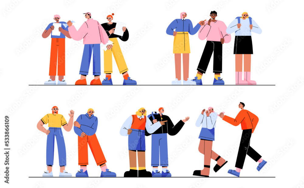 School bully torment classmates. Aggressive teenagers laugh and pointing on helpless students. Teens violence and sabotage. Characters bullying, aggression, conflict, Line art flat vector illustration