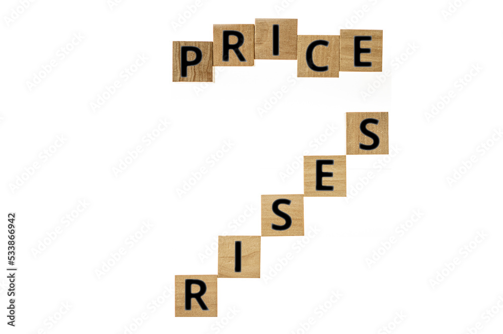 Price rises in black letters on wooden cubes on white background with space for copy Price rises in black letters on wooden cubes on white background with space for copy
