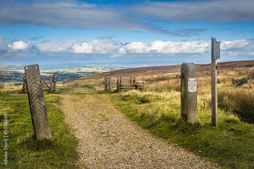 Walking along the Rivgington bridleway near Winter Hill in the west Pennines of Lancashire