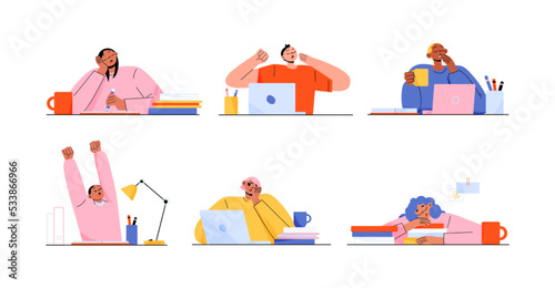 Set of sleepy people tired of computer work or studying. Exhausted flat male and female characters sitting at desk with closed eyes, yawning, stretching. Overworked freelancers. Vector illustration