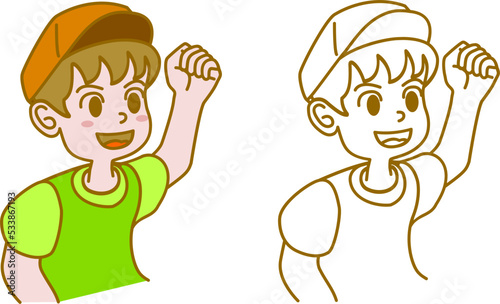 Young boy student actively participating raising hands to answer question in campus classroom, happy and energetic wearing pumpkin colored baseball cap and short sleeve top with line art frame