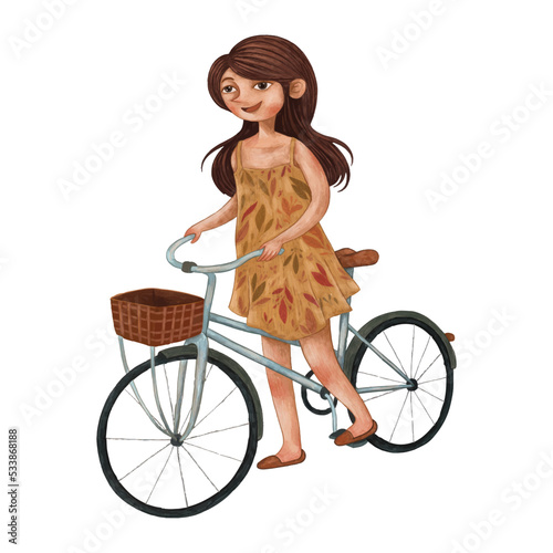 A young woman wearing dress and rides a bicycle, pencil color illustration
