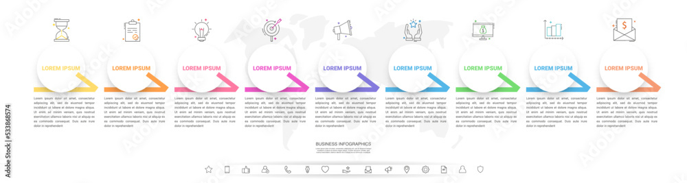 Fototapeta premium Business vector infographic design template. Circle timeline with icons and 9 nine arrows or steps. Used for process diagram, presentations, workflow layout, info graph, banner, flow chart