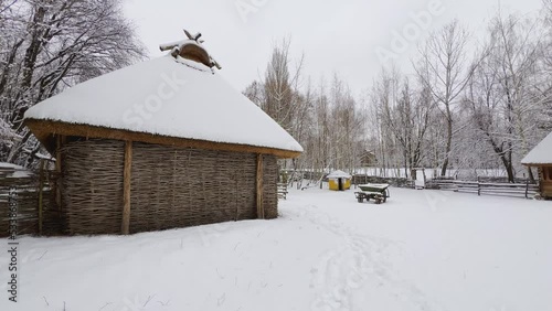 Panorama of snowy Mamajeva Sloboda Cossack Village, Kyiv, Ukraine photo