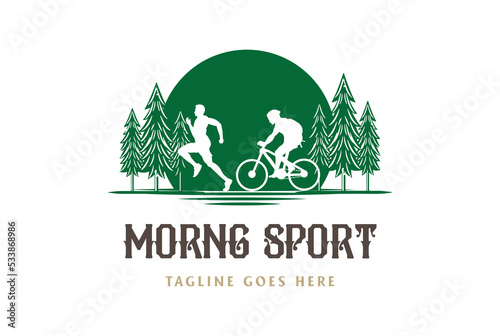 Sunset Pine Forest with Mans Runner and Bike Cycling for Sport Club Logo Design Vector