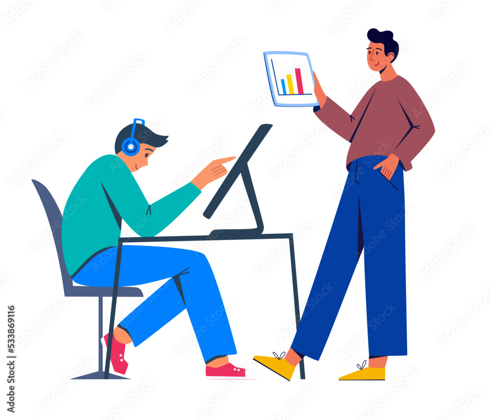 Two men are working at a computer. Business communication concept. Freelance, business, work, student. Trendy flat vector illustration isolated on the white background.