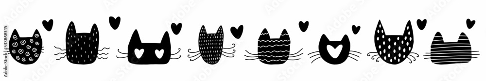 Horizontal pattern with the heads of cats, hand-drawn. Horizontal pattern with the heads of cats, hand-drawn.