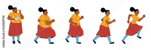 Fat woman run, obese person weight loss concept. Chubby female character running transformation stage by stage. Curve glutton woman turning into healthy and fit Cartoon linear flat vector illustration