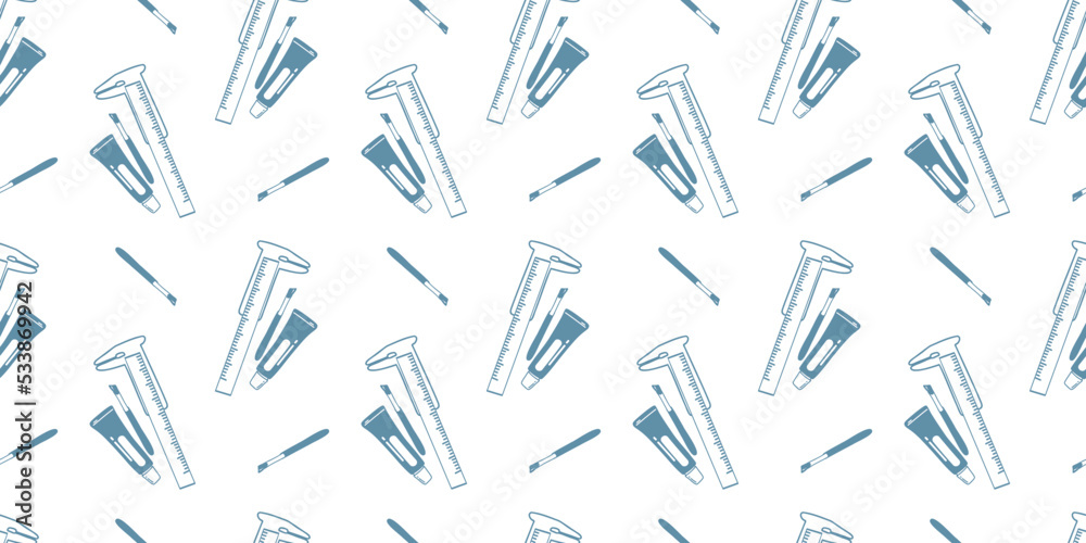 Seamless pattern Collection of makeup accessories, paint, brush and shaping caliper for coloring eyebrows and eyelashes. Vector illustration.