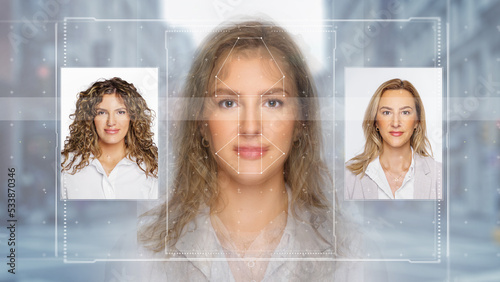Biometric technology digital Face Scanning form lines, triangles and particle style design photo