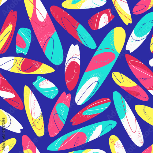 Seamless pattern with bright surfboards scattered in different directions. Pattern of summer clothes. Flat vector illustration.