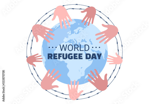 World Refugee Day Template Hand Drawn Cartoon Flat Illustration with Hands, Family and Climb Barbed Wire Fence to Immigrate to Save Place