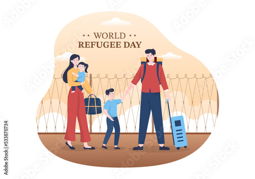 World Refugee Day Template Hand Drawn Cartoon Flat Illustration with Hands, Family and Climb Barbed Wire Fence to Immigrate to Save Place