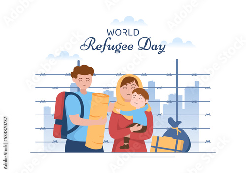 World Refugee Day Template Hand Drawn Cartoon Flat Illustration with Hands, Family and Climb Barbed Wire Fence to Immigrate to Save Place