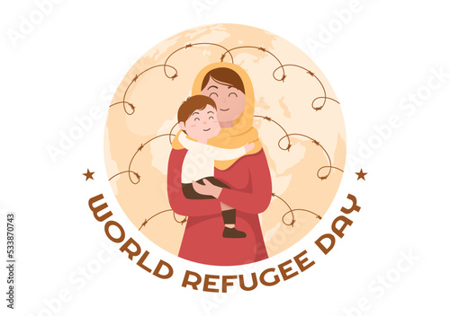 World Refugee Day Template Hand Drawn Cartoon Flat Illustration with Hands, Family and Climb Barbed Wire Fence to Immigrate to Save Place
