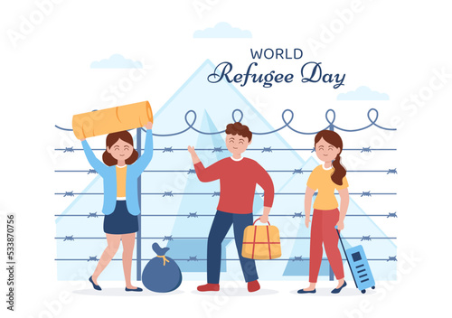 World Refugee Day Template Hand Drawn Cartoon Flat Illustration with Hands, Family and Climb Barbed Wire Fence to Immigrate to Save Place