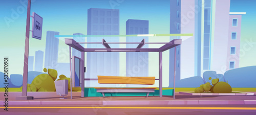 Bus stop, city station for commuter transport. Glass shelter with wooden bench, litter bin and schedule on roadside with cityscape . Summer urban landscape, game background Cartoon vector illustration