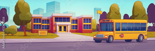 City street with school building and yellow bus for students. Summer urban landscape with schoolhouse, bus on road, green lawn and trees, vector illustration in contemporary style