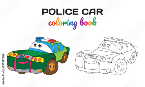 Cartoon police car for boys. Small funny vector cute vehicle with eyes and mouth. Comic character for kids on white background. Coloring page for children, color and linear illustration.