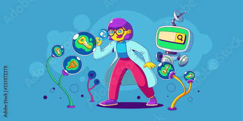 Keyword research, Seo analysis, keywording tool media concept. Contemporary female with magnifier use artificial intelligence and engine optimization services, Cartoon linear flat vector illustration