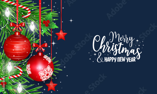 Christmas greeting card. New Year wishes. Christmas balls, stars, pine needles, ribbons and light chain.