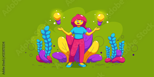 Choice between two ideas, best solution, decisions comparison concept. Doubt woman scales light bulbs on hands standing on lawn with abstract plants, vector illustration in contemporary style