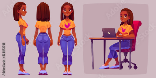 Black woman, cartoon animation character side, rear, front, sitting at workplace with laptop. Young african girl wear jeans and t-shirt freelancer, office worker or student female vector personage set
