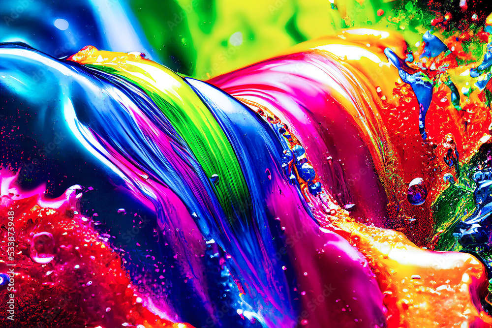 Colorful paint splashes flowing in motion as wallpaper Stock