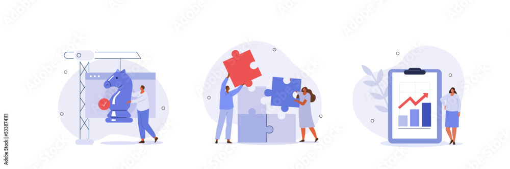Business illustration set. Characters assembling jigsaw puzzle, moving chess figure, planning financial strategy to achieve business goals. Strategic management concept. Vector illustration. - obrazy, fototapety, plakaty 