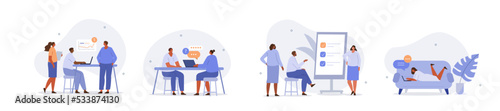 Business people illustration set. Characters working at home office and coworking space. People talking with colleagues, planning corporate strategy, analyzing graphs. Vector illustration.