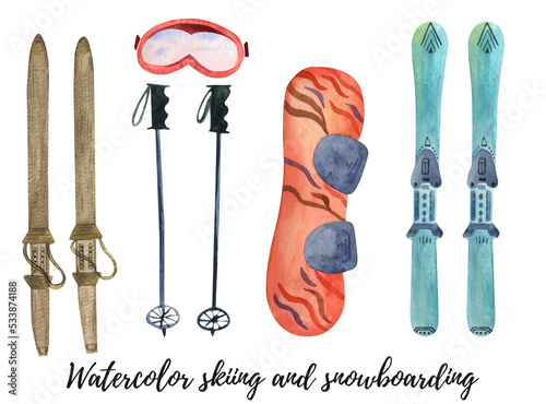 Watercolor set of winter activities with skies and snowboard. Isolated on a white background. Great for different prints, advertisement, promotions, designs, print in a big resolution