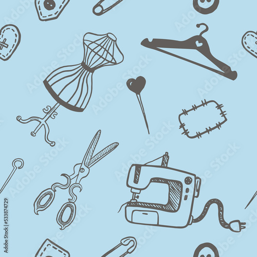 Seamless pattern with sewing tools linear icons scattered on white background. Outline seamstress supplies for tailoring and needlework. Handmade kids clothes wrapping paper design.