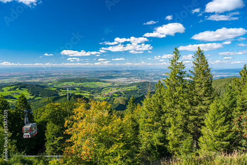 View to Freiburg im Breisgau and Kaiserstuhl mountain from the top of the Schauinsland mountain (1,284 m) in the Black Forest mountains. Baden Wuerttemberg, Germany, Europe