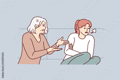 Mature mother scold unhappy grownup daughter at home. Elderly mom lecture stressed annoyed adult girl child. Generation gap. Vector illustration. 