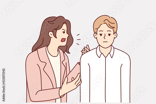 Aggressive annoying woman yelling at tired bored husband. Furious mad wife scream and shout at ignorant man. Relationship problems. Vector illustration. 