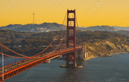 Iconic landmark Golden Gate bridge in San Francisco photographed in a beautiful sunset light in California. Travel to America.