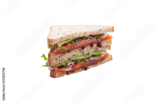Sandwich with salmon, cucumber and lettuce. Selective focus. transparent