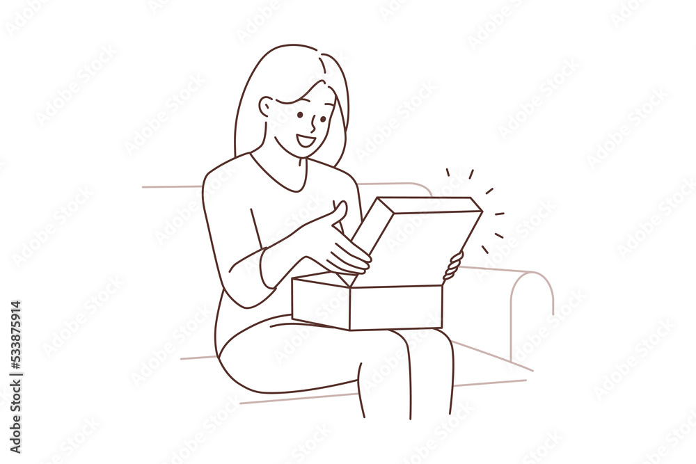 Happy woman unpack order Happy woman unpack order
