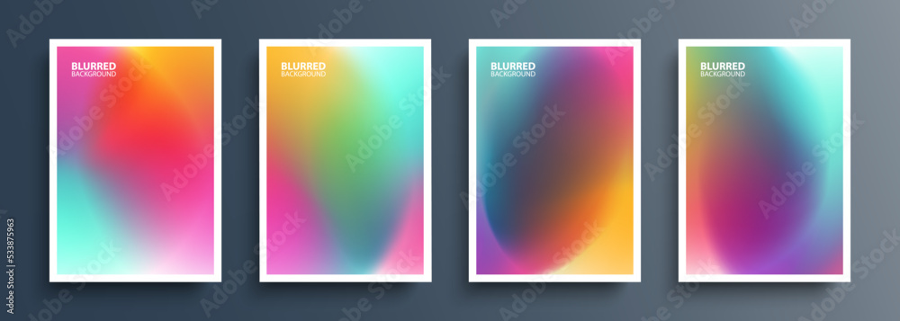 Fototapeta premium Set of blurred multicolored backgrounds with abstract blurred color gradients. Bright color templates collection for brochures, posters, flyers and covers. Vector illustration.