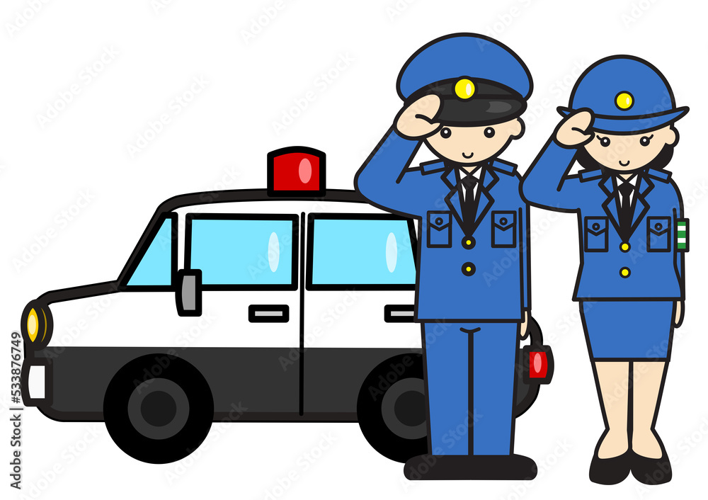 パトカーの前の婦人警官と男性警官