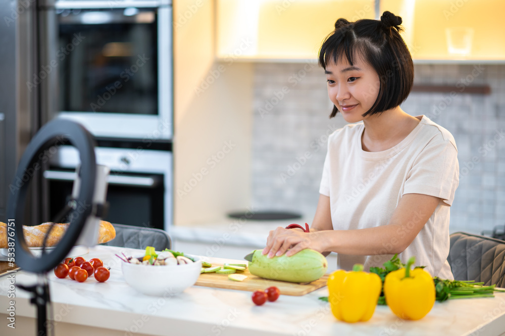 Female cook recording a cookery vlog for her followers Female cook recording a cookery vlog for her followers