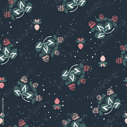 Seamless pattern with fern branches, clovers and berries. Vector hand drawn illustration, garden in folk - Scandinavian style. Vector hand drawn illustration, garden in folk style. Perfect for textile